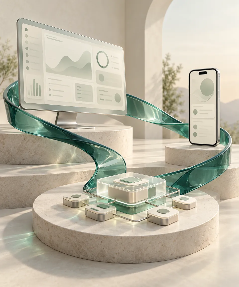 Teal glass ribbon connecting a software dashboard, mobile application and workflow platform in a light architectural setting