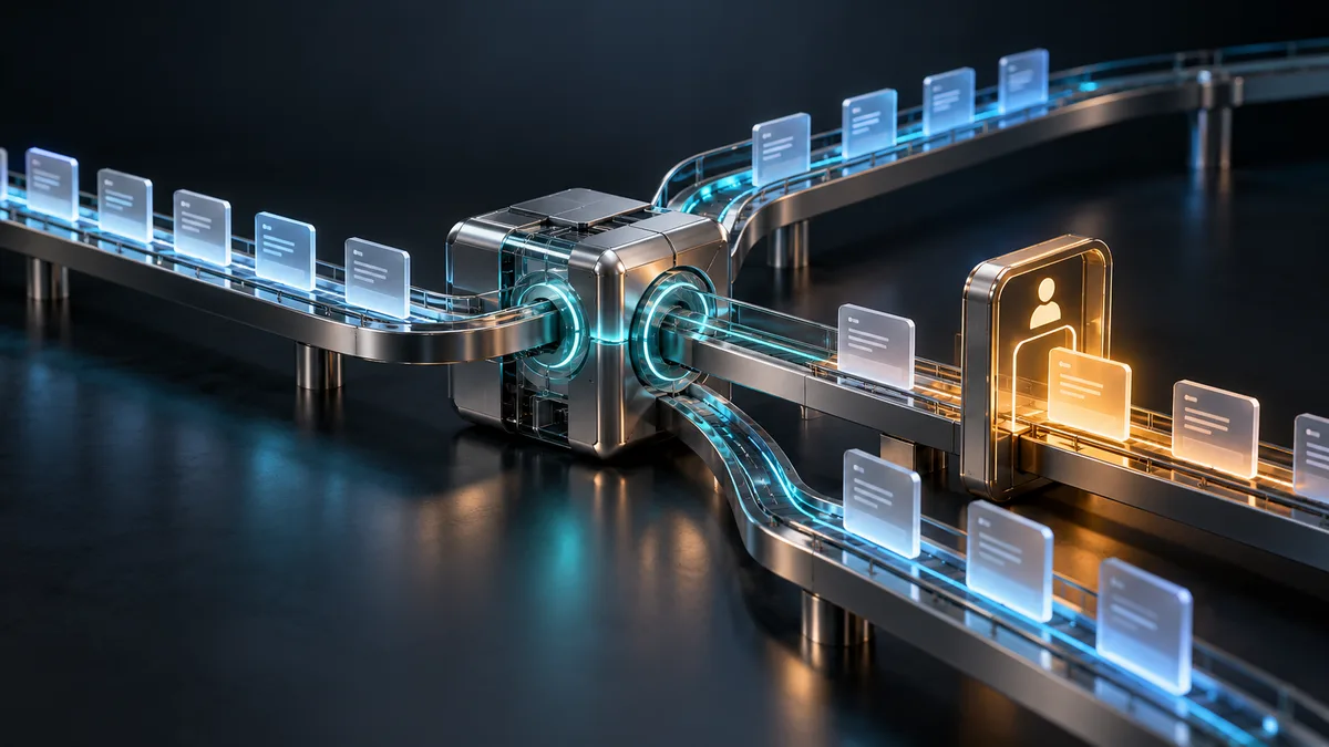 Sculptural workflow rails directing work orders through a human approval gate