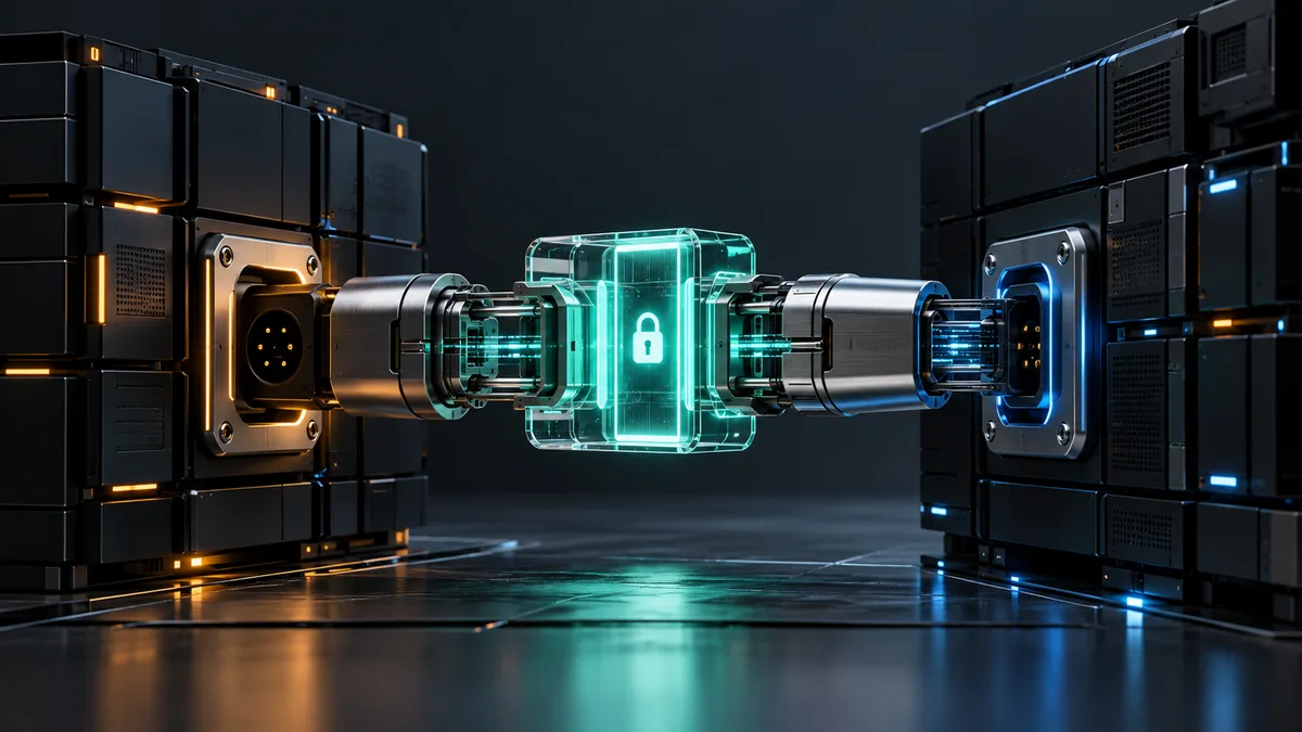 Two modular systems connected through a single illuminated permission gate