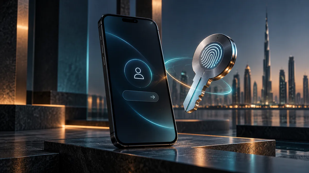 Black smartphone beside a polished security key with a soft authentication light