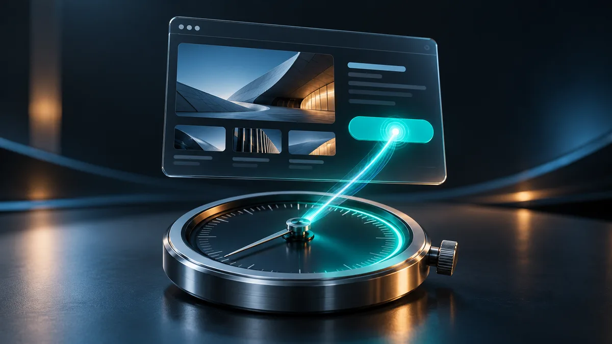 Website interaction panel above a precision timing instrument with a teal response pulse