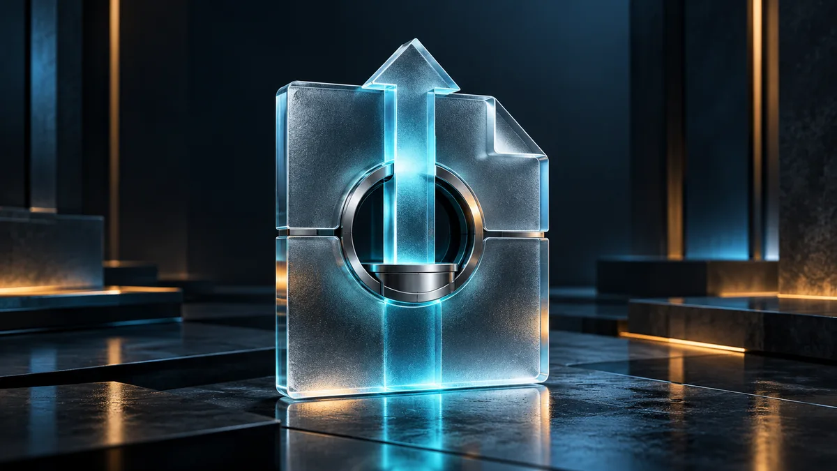 A private frosted document container with a polished upload arrow and restricted aperture